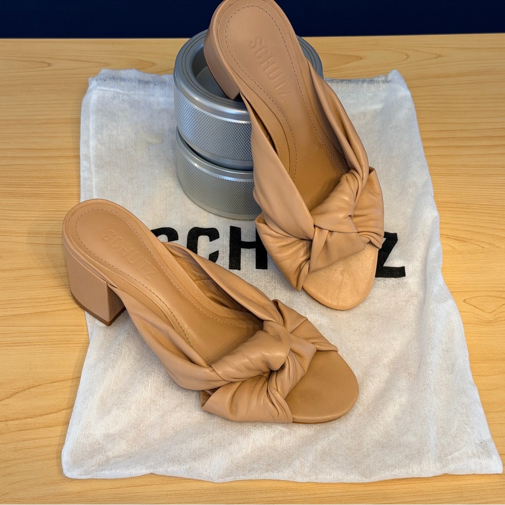 SCHUTZ Mindy Mid Block Nappa Leather Sandal - 5 / Honey Beige / Nappa Leather
